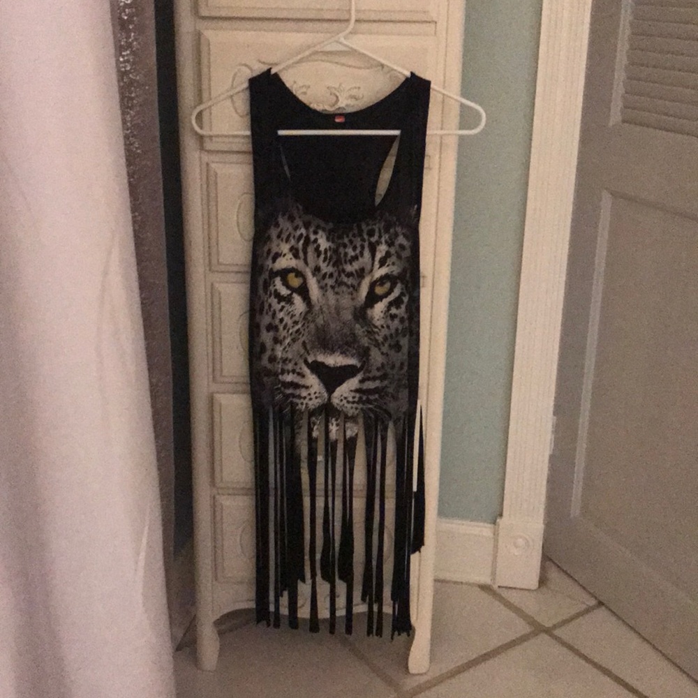 Black Cheetah Fringe Tank Top